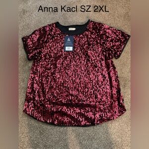 Anna Kacl Sz 2XL Red Sequin Short Sleeve Top. Brand anew